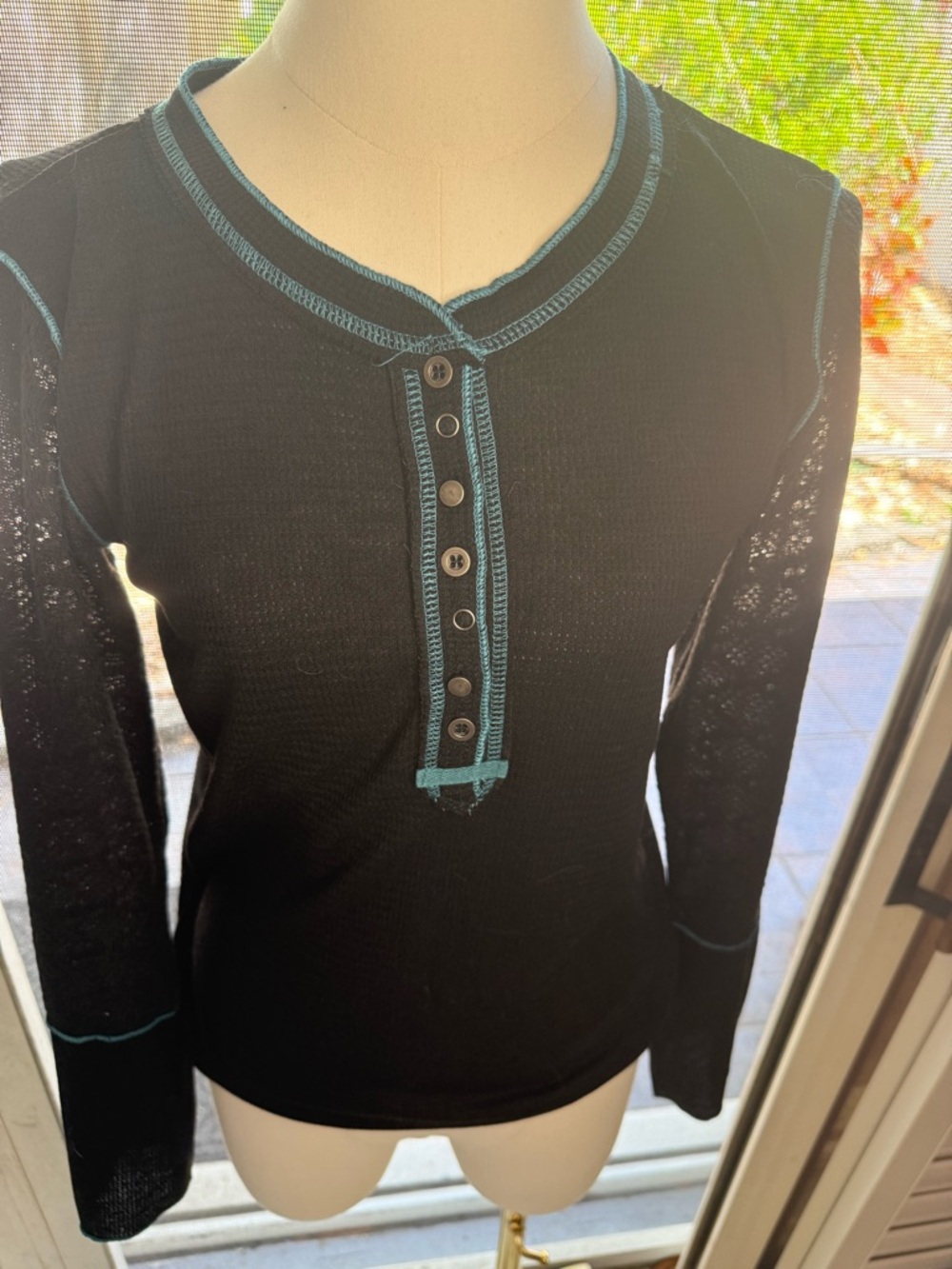 POL Black Long-Sleeve Henley Top with Teal Stitching NWOT
